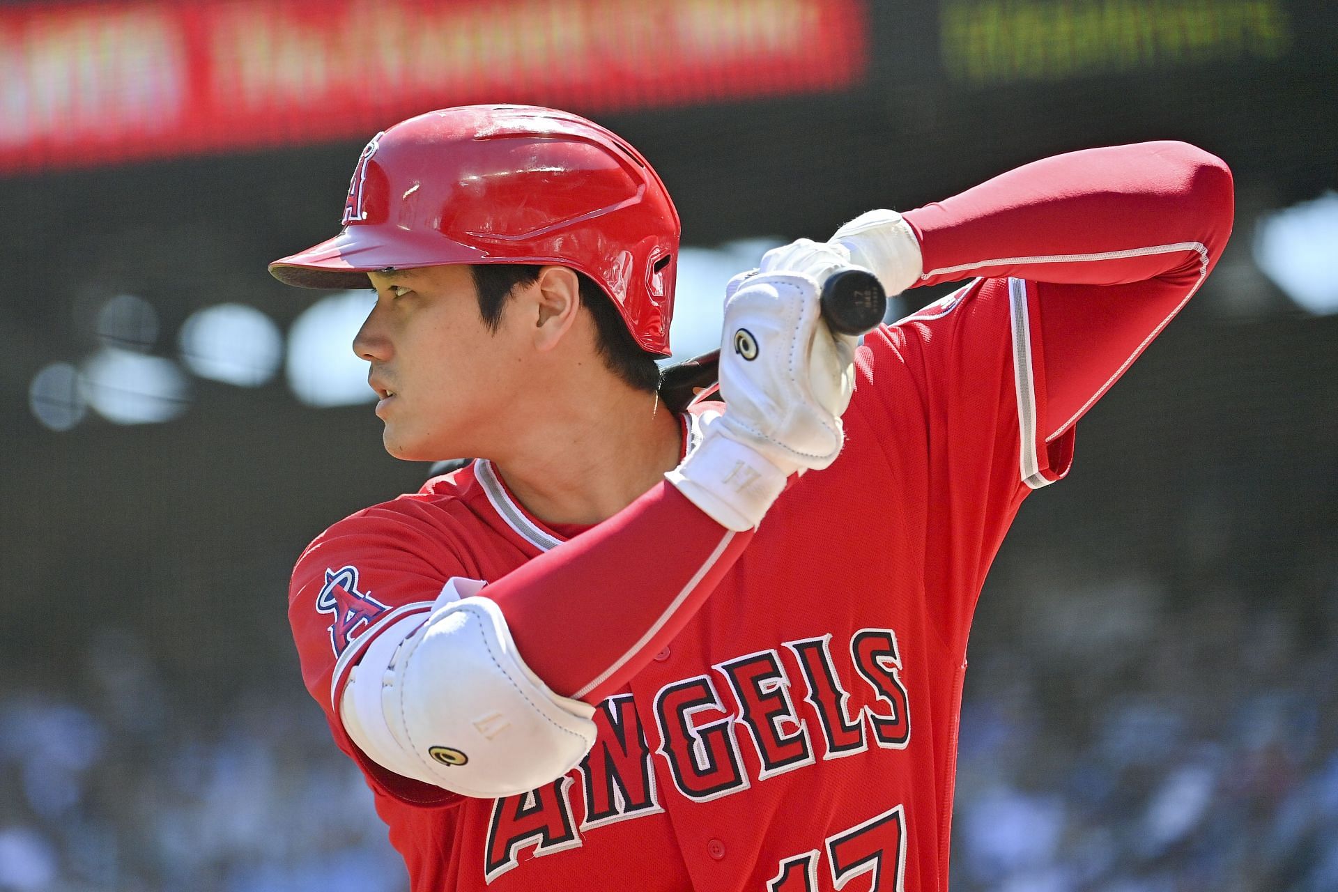 Shohei Ohtani bats during a Los Angeles Angels v Seattle Mariners game.
