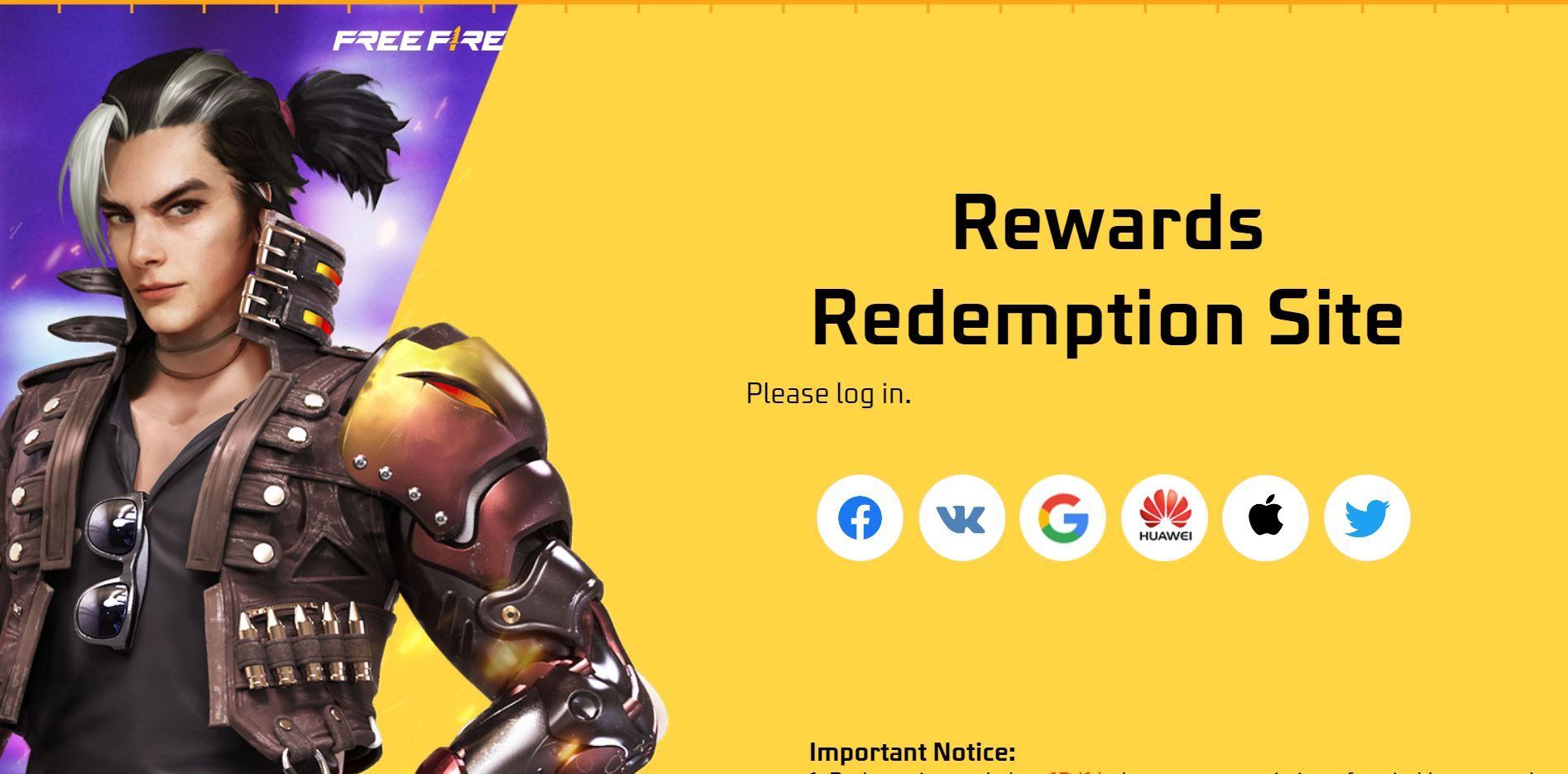 After you reach Rewards Redemption Site, you may sign in using one of the platforms (Image via Garena)