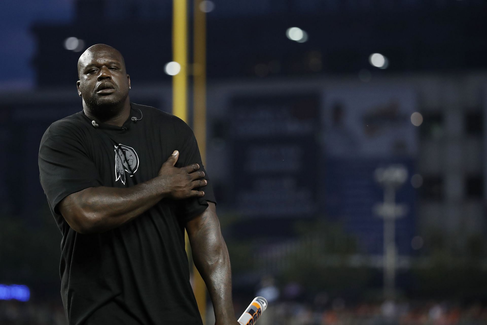 Shaquille O&#039;Neal reacts during the All-Star and Legends Celebrity Softball Game at Nationals Park on July 15, 2018, in Washington, D.C.
