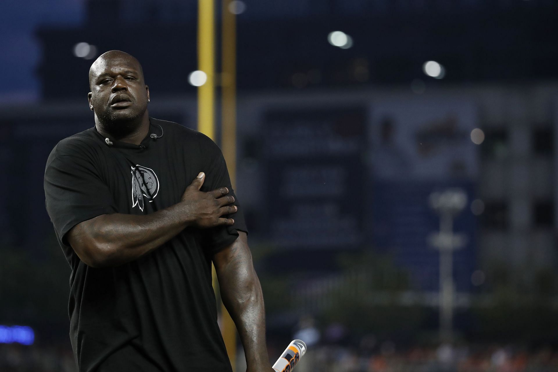 Shaquille O'Neal reacts during the All-Star and Legends Celebrity Softball Game at Nationals Park on July 15, 2018, in Washington, D.C.