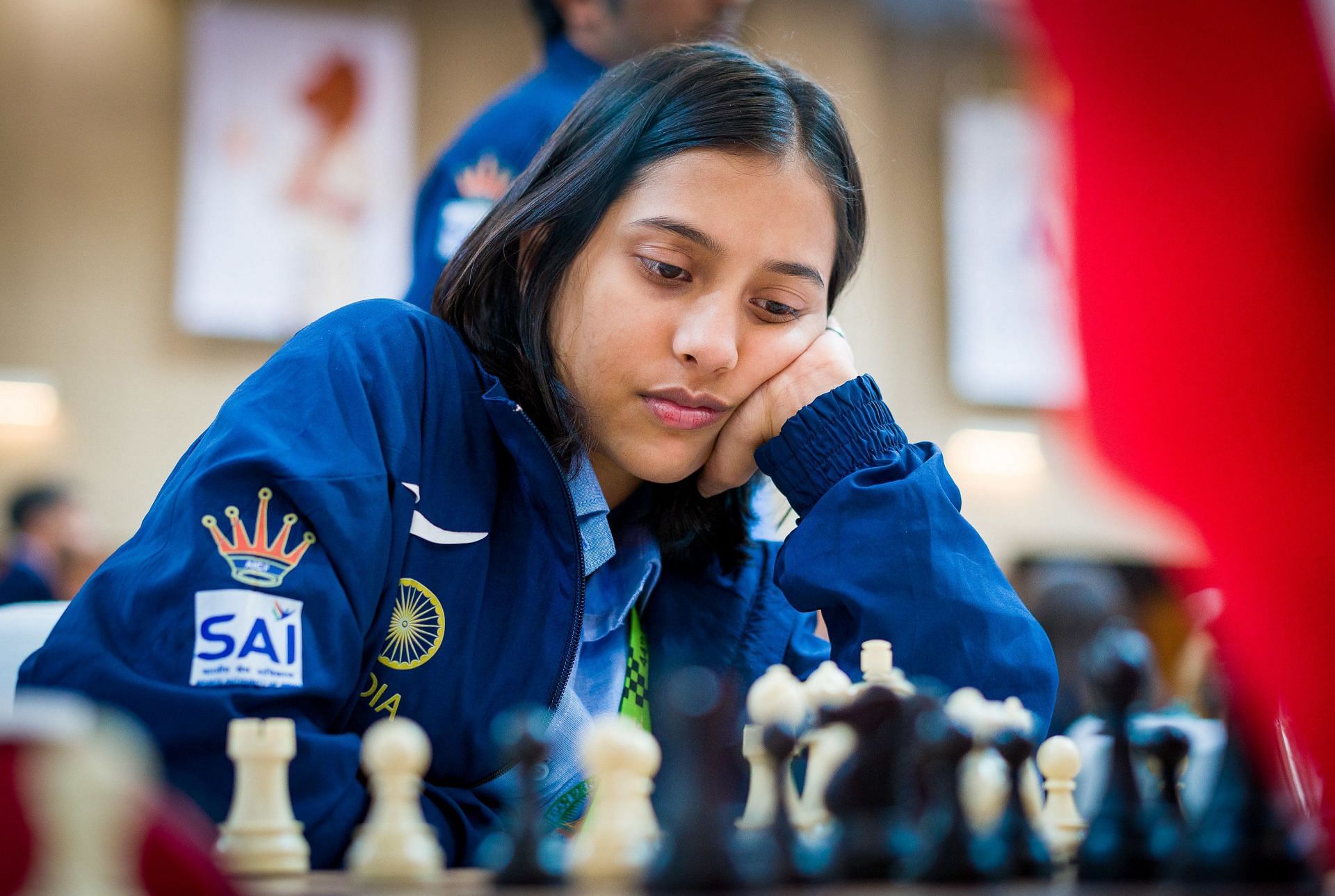 India Women&#039;s B team player Divya Deshmukh of Nagpur in action during an eighth round match in Chess Olympiad in Chennai on Saturday