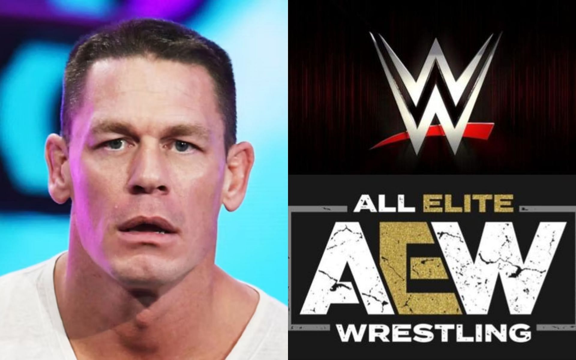 John Cena (left) and AEW and WWE logos (right).