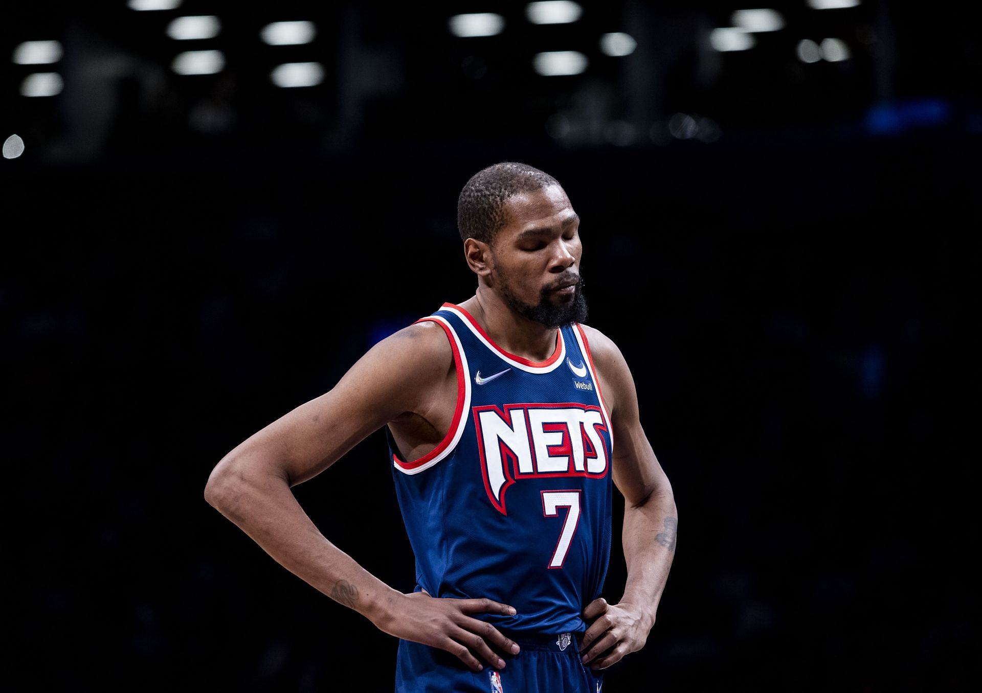 Kevin Durant of the Brooklyn Nets reacts during a game