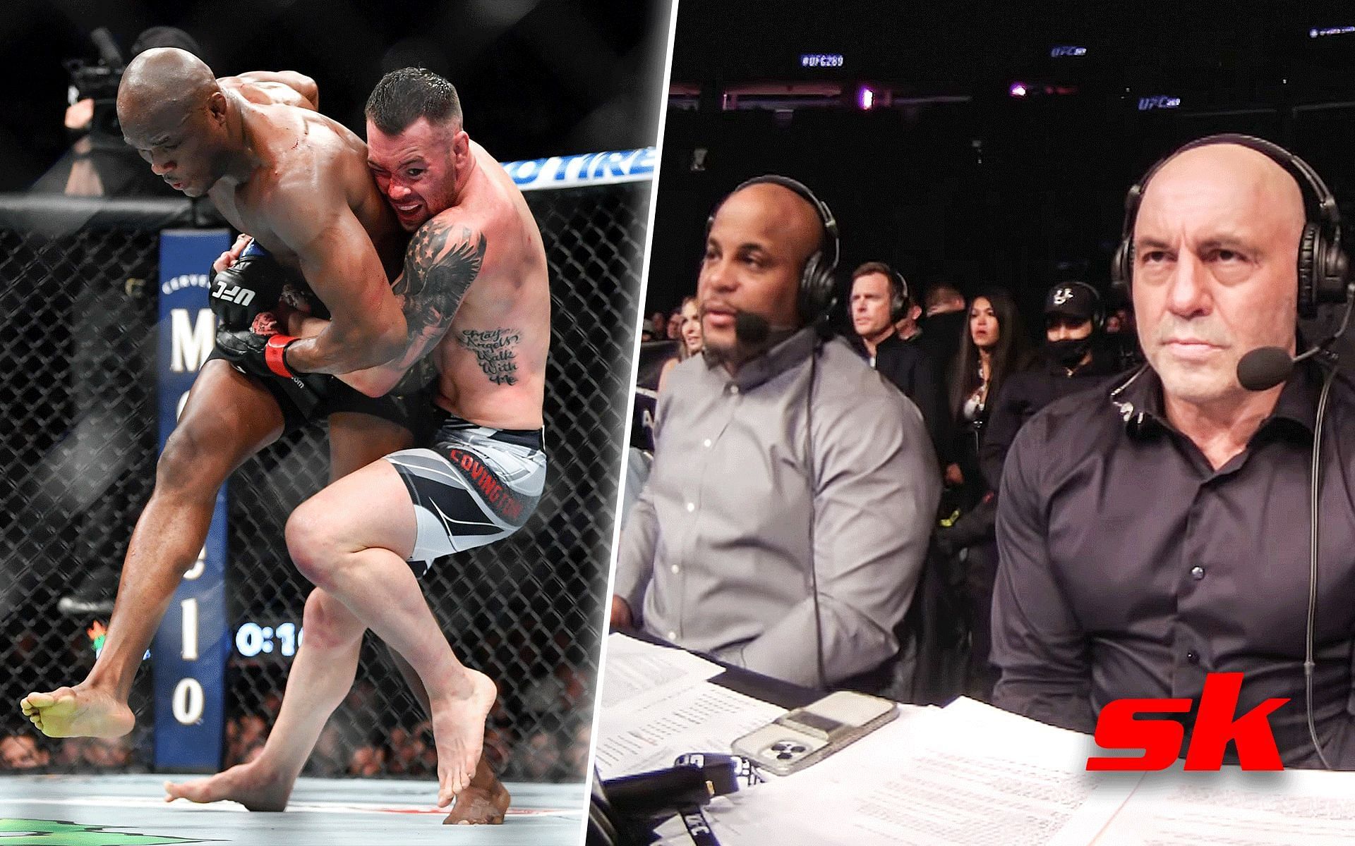 Colby Covington takes down Kamaru Usman (left) and Daniel Cormier and Joe Rogan (right). [Images courtesy: left image from Twitter @mmamania and right image from YouTube UFC]