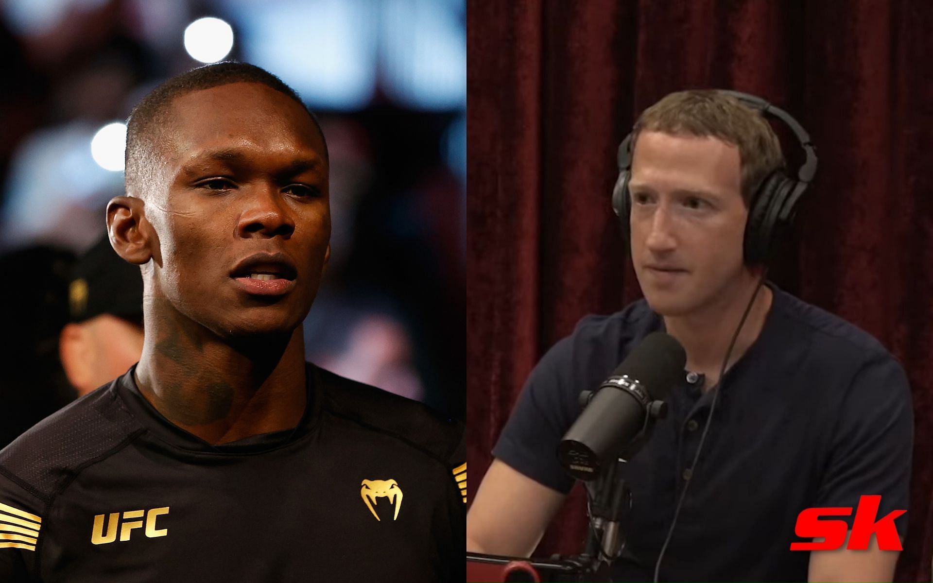 Israel Adesanya (left), Mark Zuckerberg (right - via PowerfulJRE on YouTube)