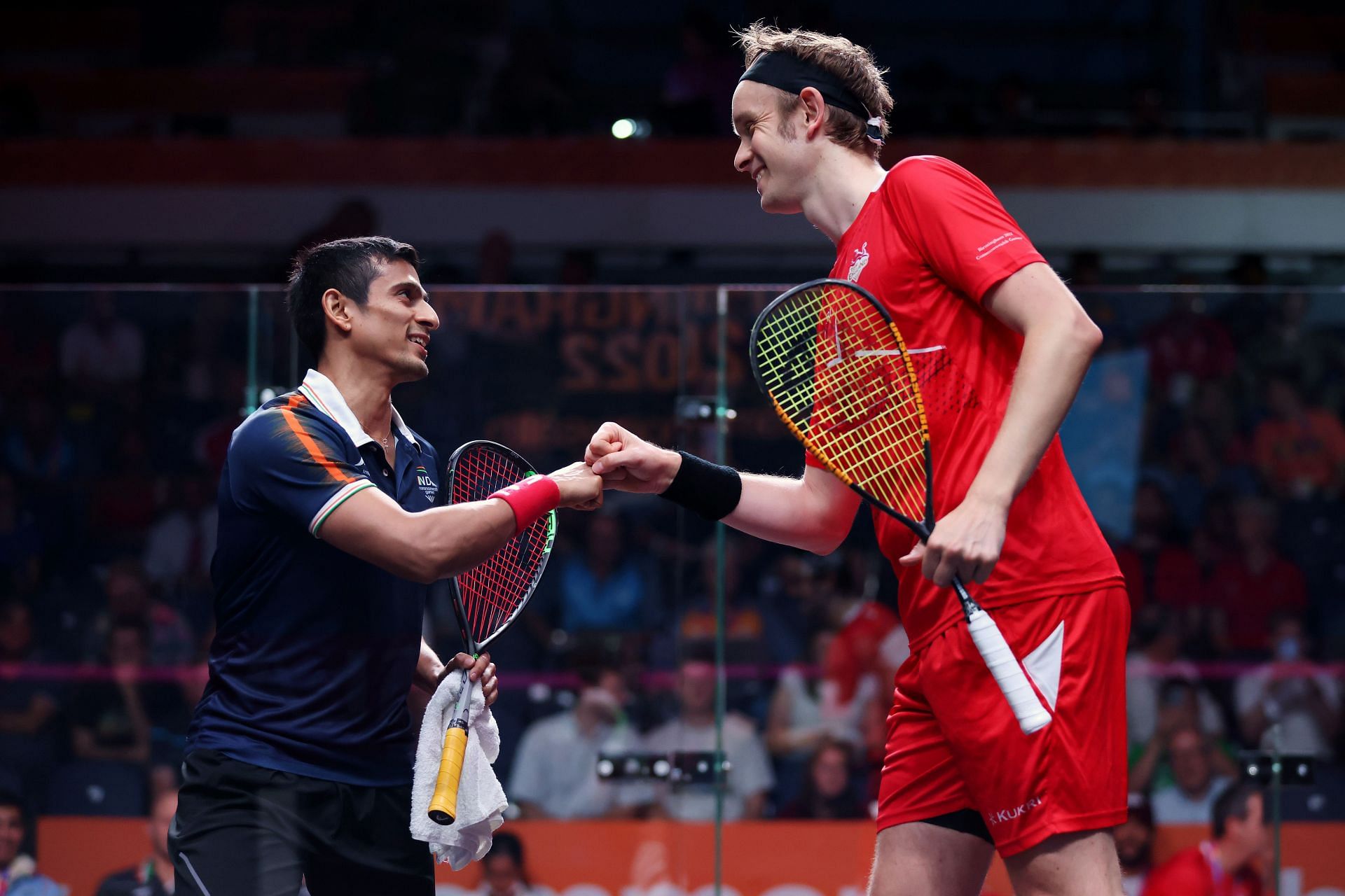 India&#039;s Saurav Ghosal (left) after beating James Willstrop on Wednesday. (PC: Getty Images)