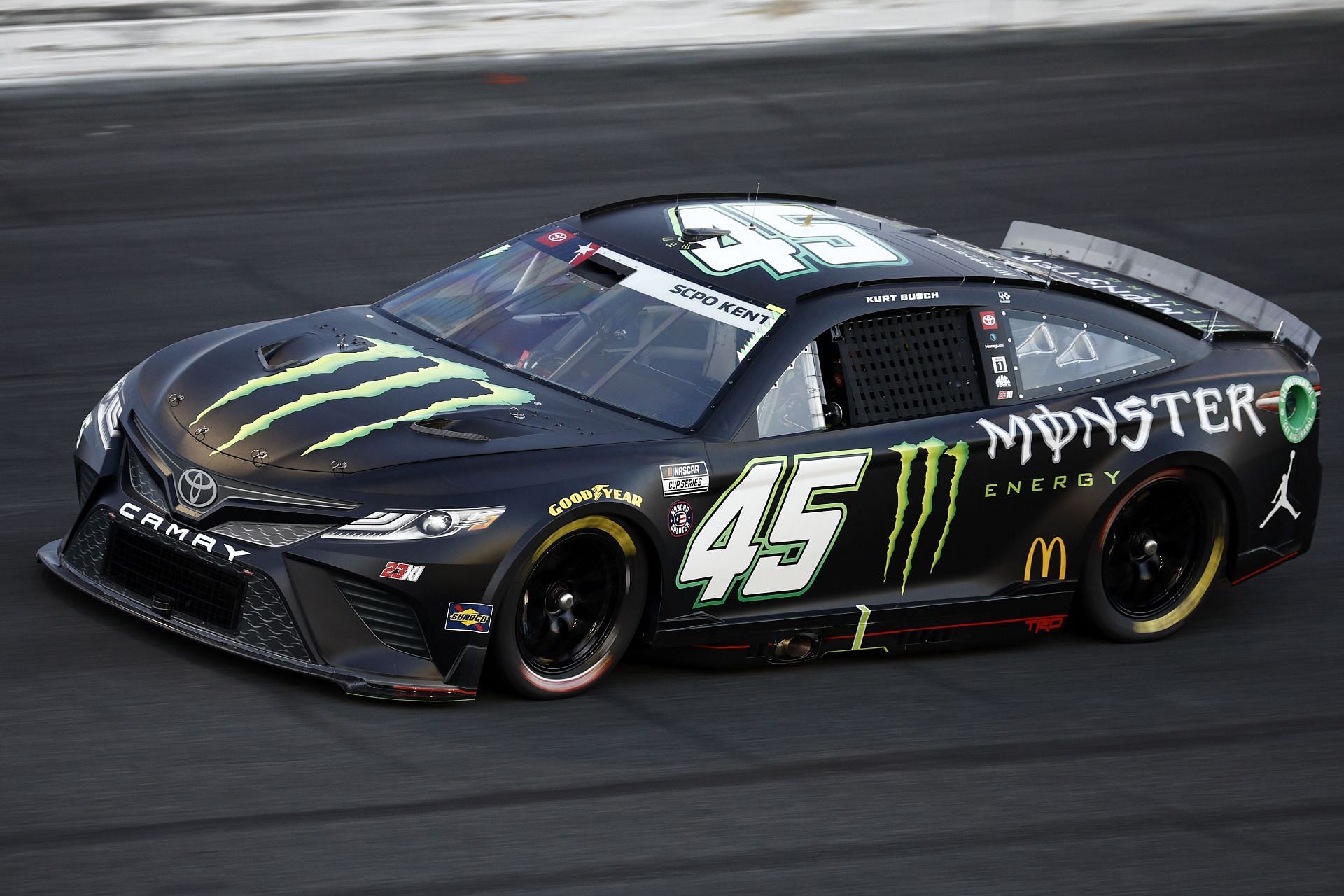 The #45 Monster Energy Toyota during qualifying for the NASCAR Cup Series Coca-Cola 600 at Charlotte Motor Speedway