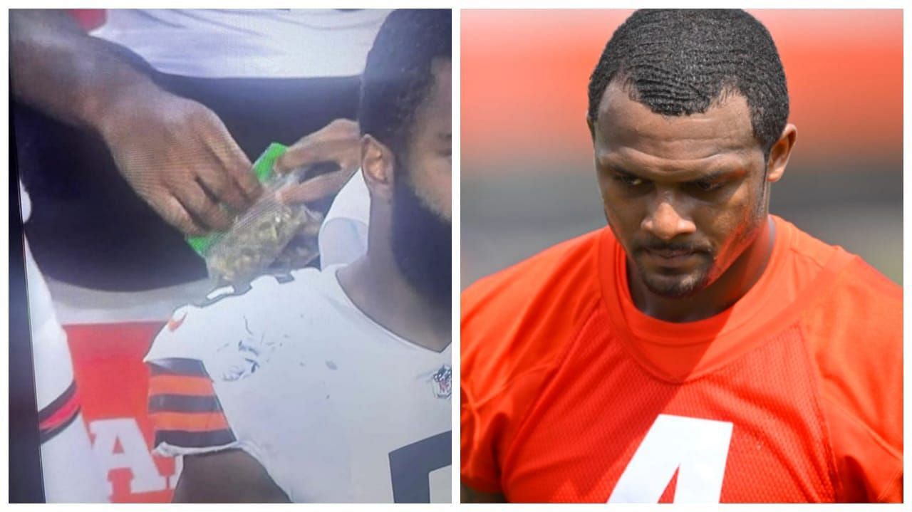 Cleveland Browns cornerback Martin Emerson (left) went viral on when the cameras caught him on the sidelines holding what appeared to be a bag containing marijuana