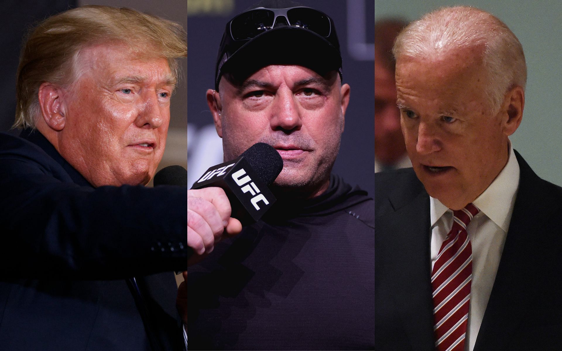 Donald Trump (left); Joe Rogan (center); Joe Biden (right)