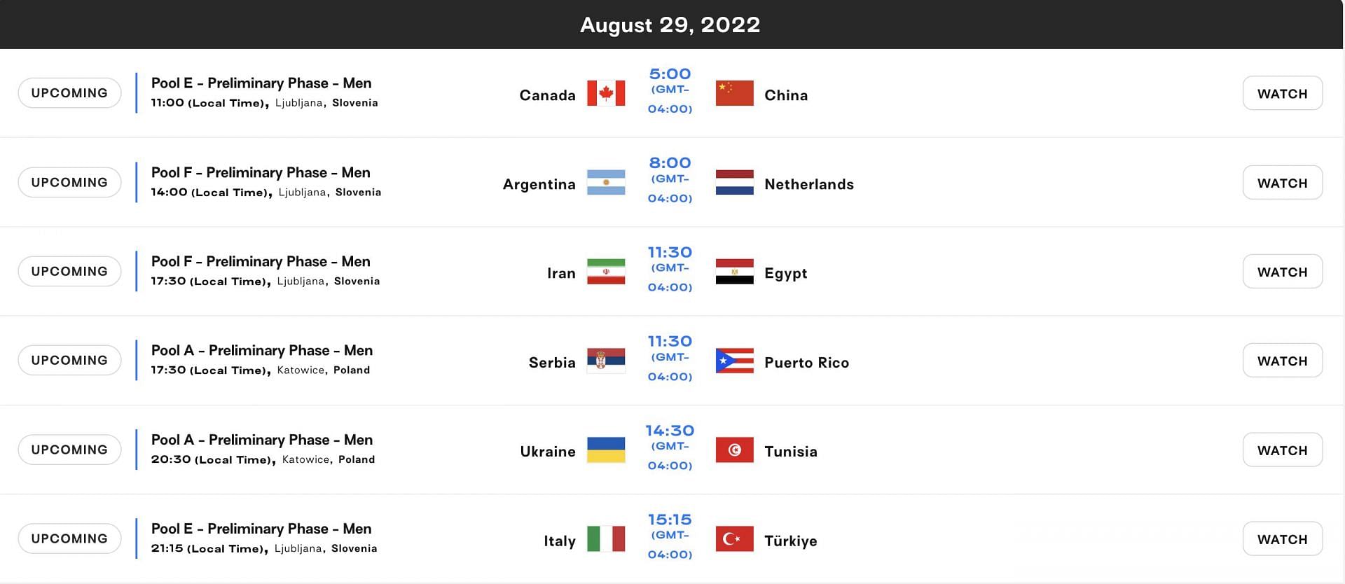 August 29&#039;s schedule (Image via FIVB Men&#039;s Volleyball)