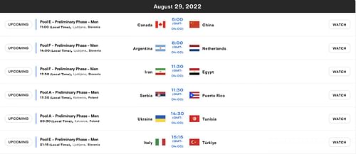 August 29's schedule (Image via FIVB Men's Volleyball)