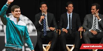 How does Carlos Alcaraz's record after 100 matches compares with Roger Federer, Rafael Nadal and Novak Djokovic's?