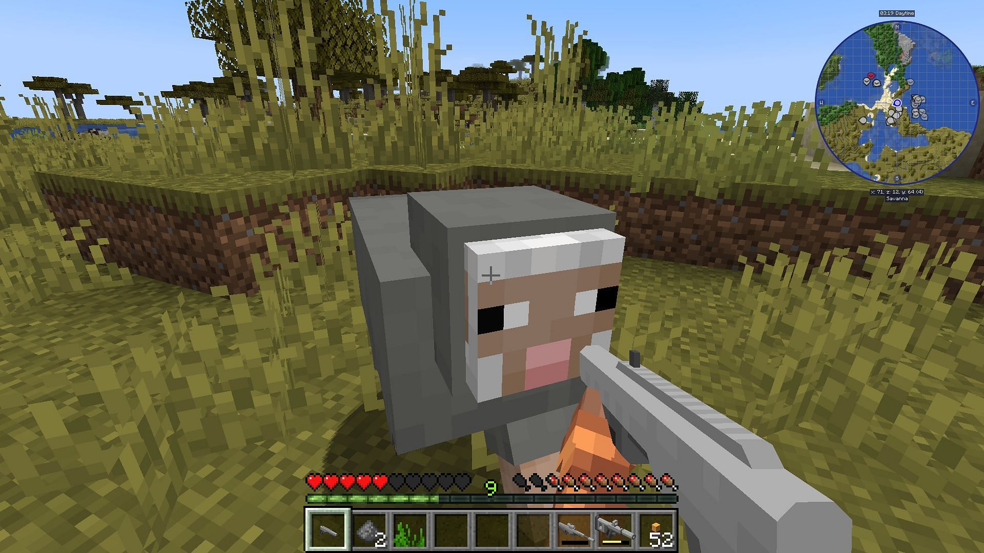 A player hunting a sheep with a shotgun (Image via Minecraft)