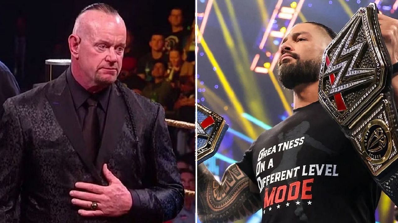 The Undertaker at his Hall of Fame induction (left); Roman Reigns holding the top two titles in WWE (right)