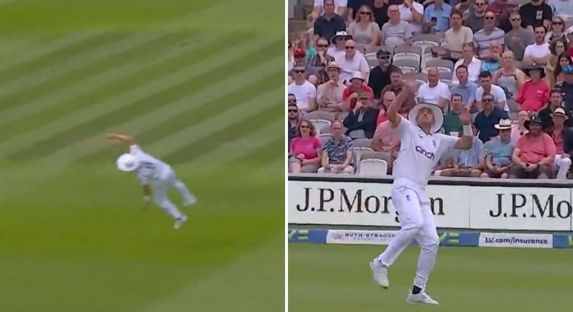 Stuart Broad stunned the crowd at Lord&#039;s with his athleticism as he caught Kagiso Rabada at mid-on. [Screengrab: England Cricket]