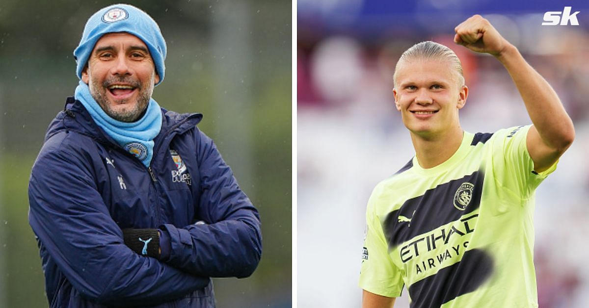 Pep Guardiola appears happy with new Manchester City signing Erling Haaland.