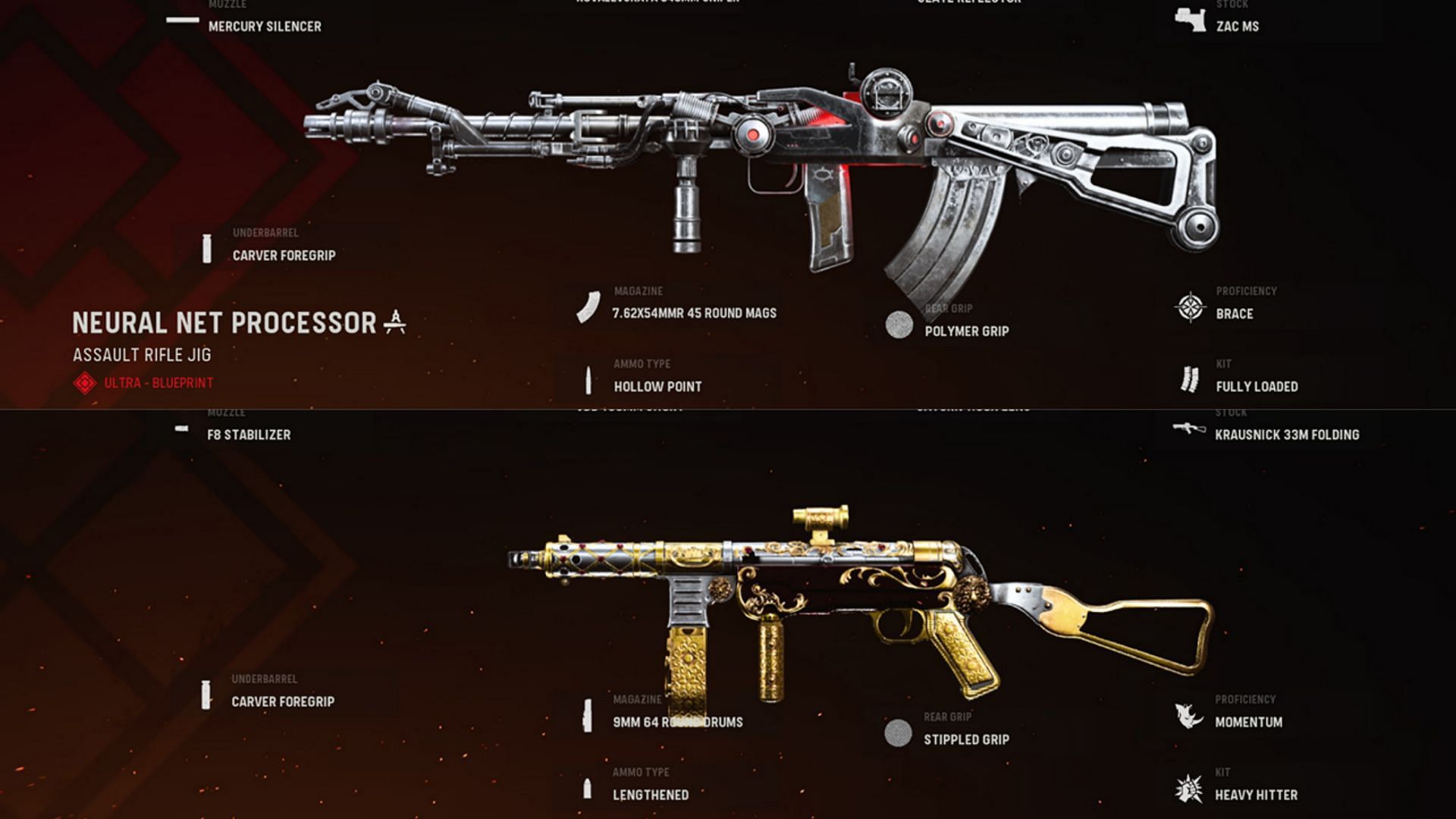 Some of the available blueprints for the Nikita AVT and MP-40 (Image via Activision)