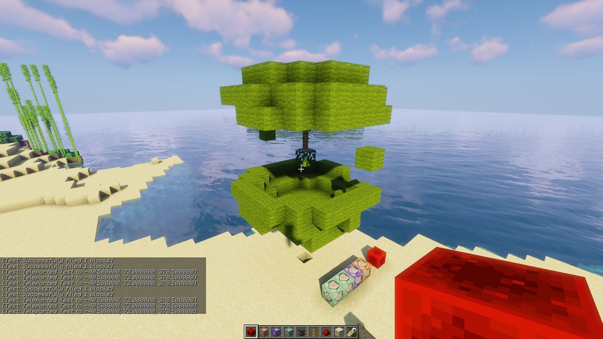 An in-progress still of a sphere being made using commands (Image via Minecraft)