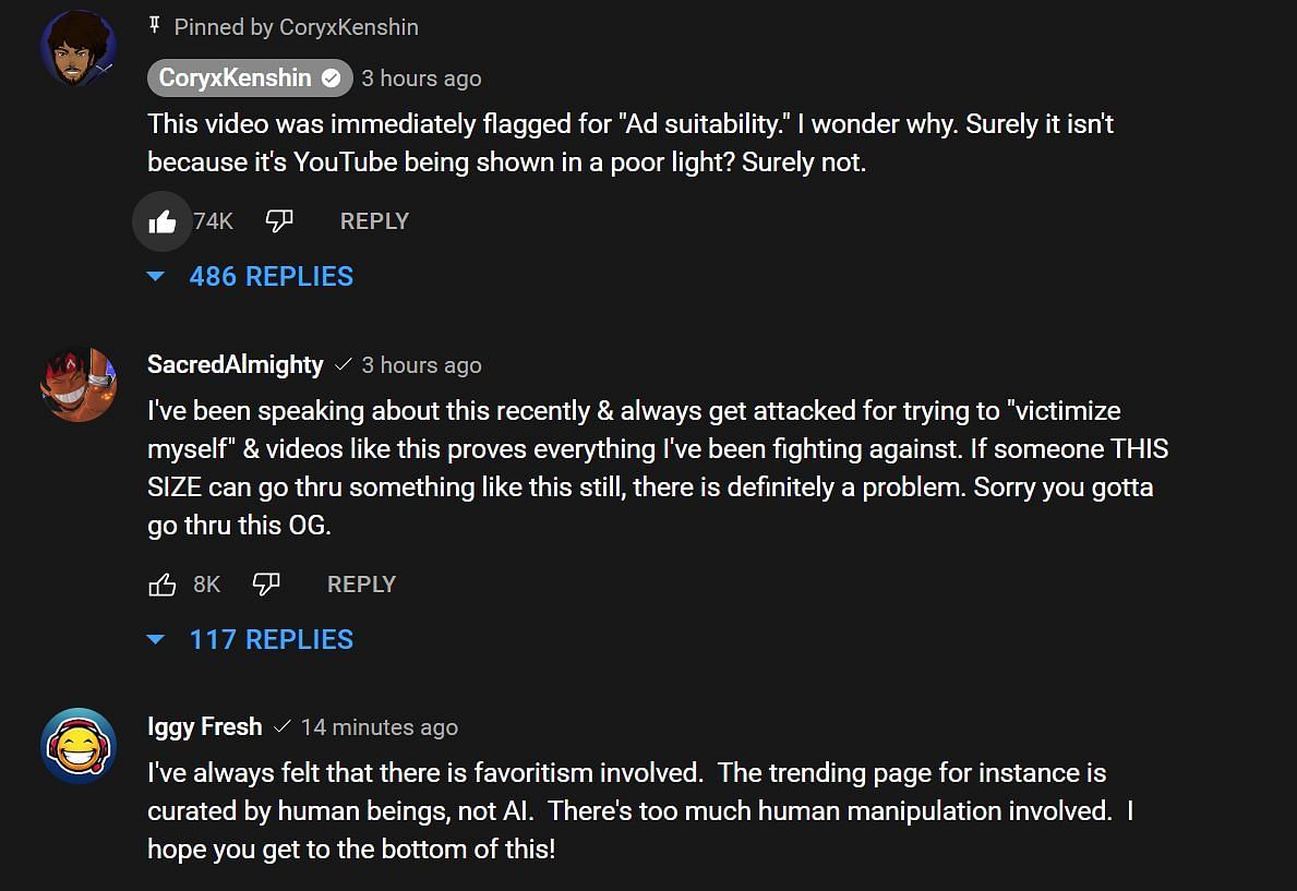 Comments under the video commending Cory for speaking out (Image via CoryxKenshin/YouTube)
