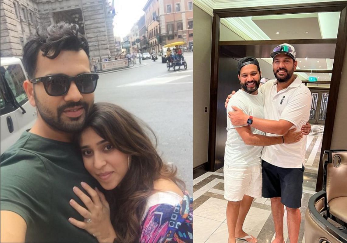 (Left) Rohit Sharma with Ritika Sajdeh; (Right) The Hitman with Yuvraj Singh. Pics: Instagram