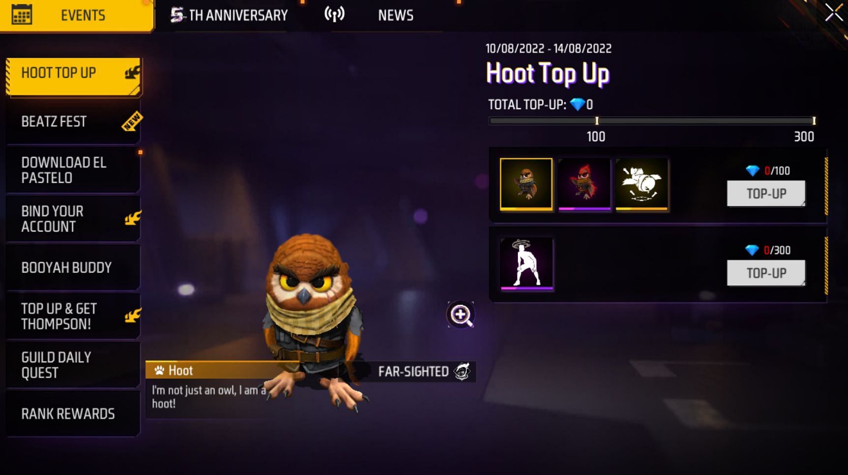 The Hoot Top Up event offers the new pet as a free reward after the purchase of 100 diamonds (Image via Garena)