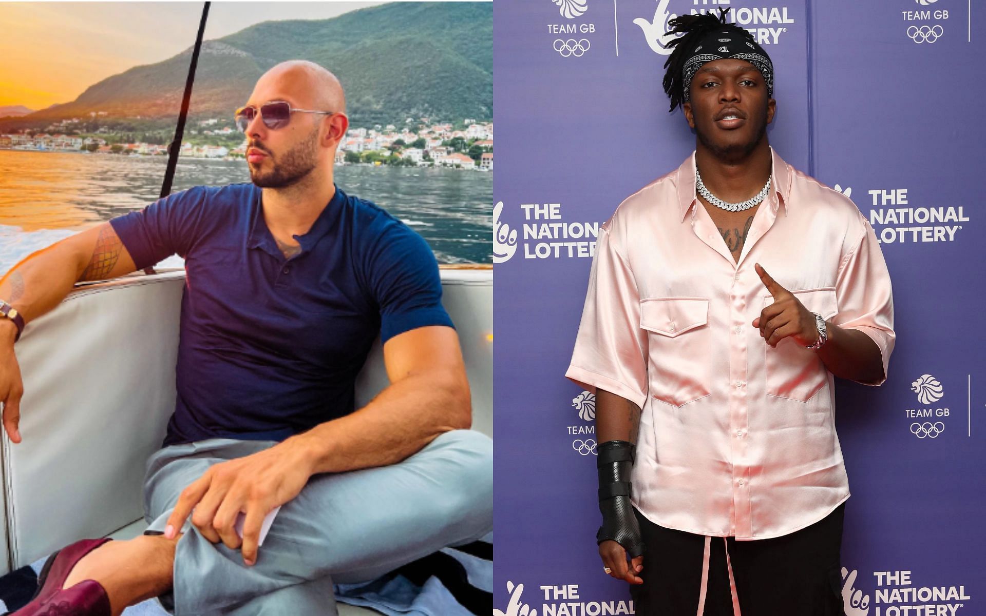 Internet stars Andrew Tate (L), and KSI (R). [Images via Getty, and @CobraTate on Instagram]