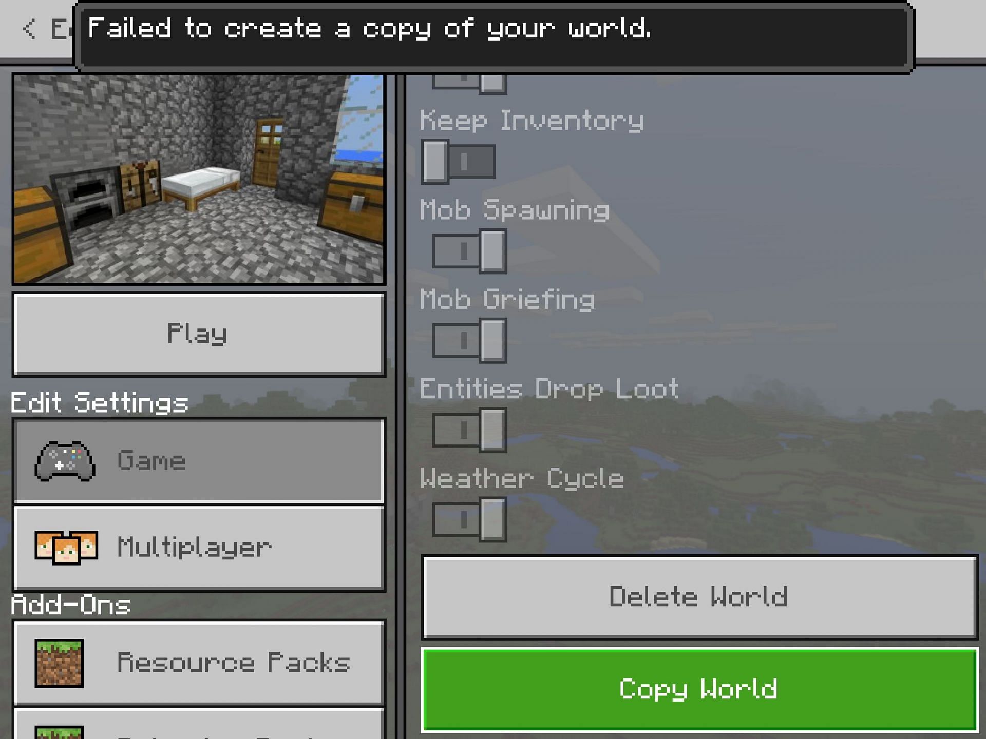 Copying a world in Bedrock Edition (Image via Jira Minecraft)