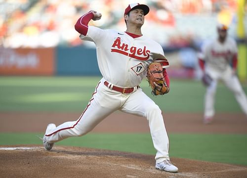 Shohei Ohtani pithes during the first inning against the Oakland Athletics at Angel Stadium.