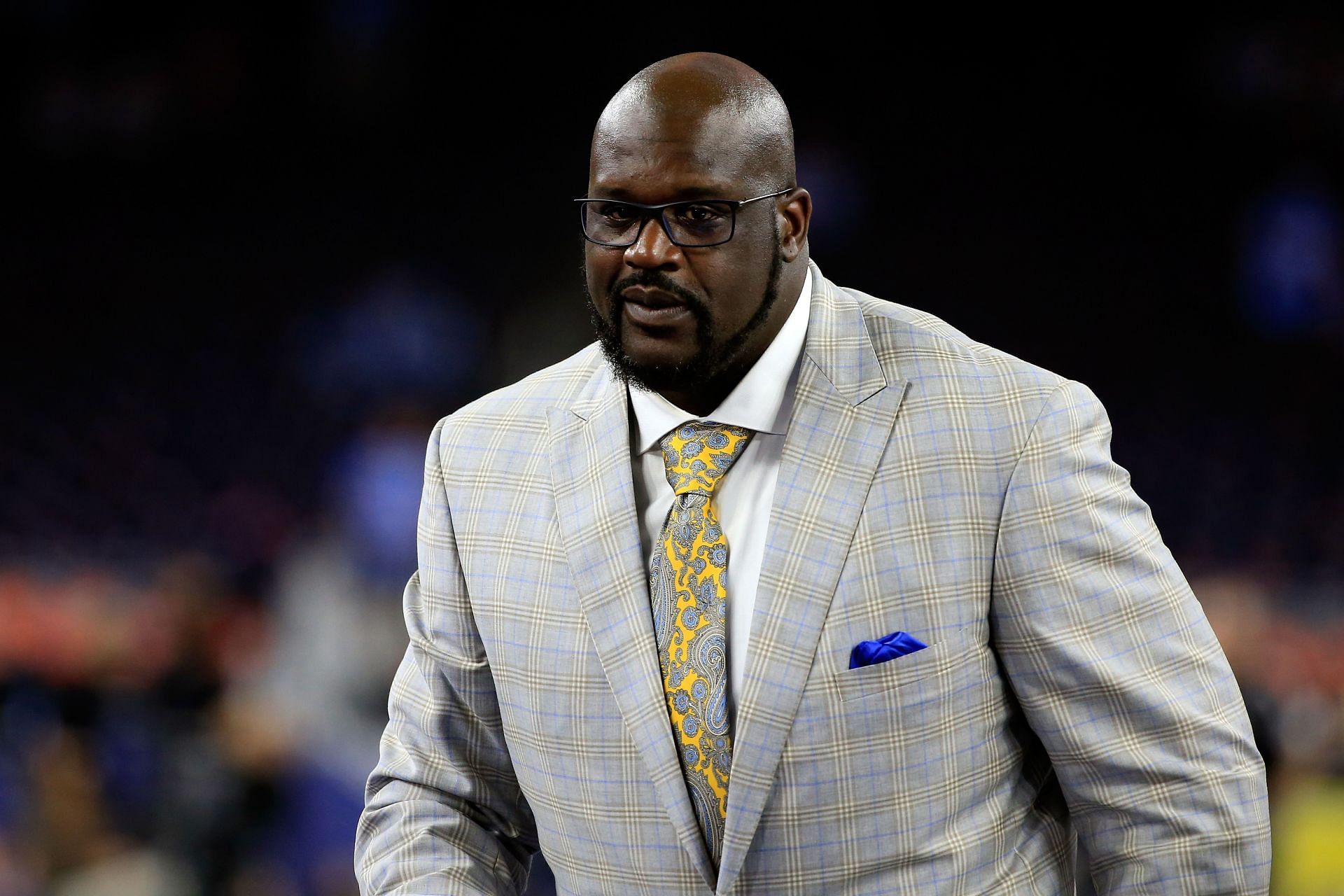 Former NBA player and commentator Shaquille O&#039;Neal looks on prior to the 2016 NCAA Men&#039;s Final Four National Championship game between the Villanova Wildcats and the North Carolina Tar Heels at NRG Stadium on April 4, 2016 in Houston, Texas