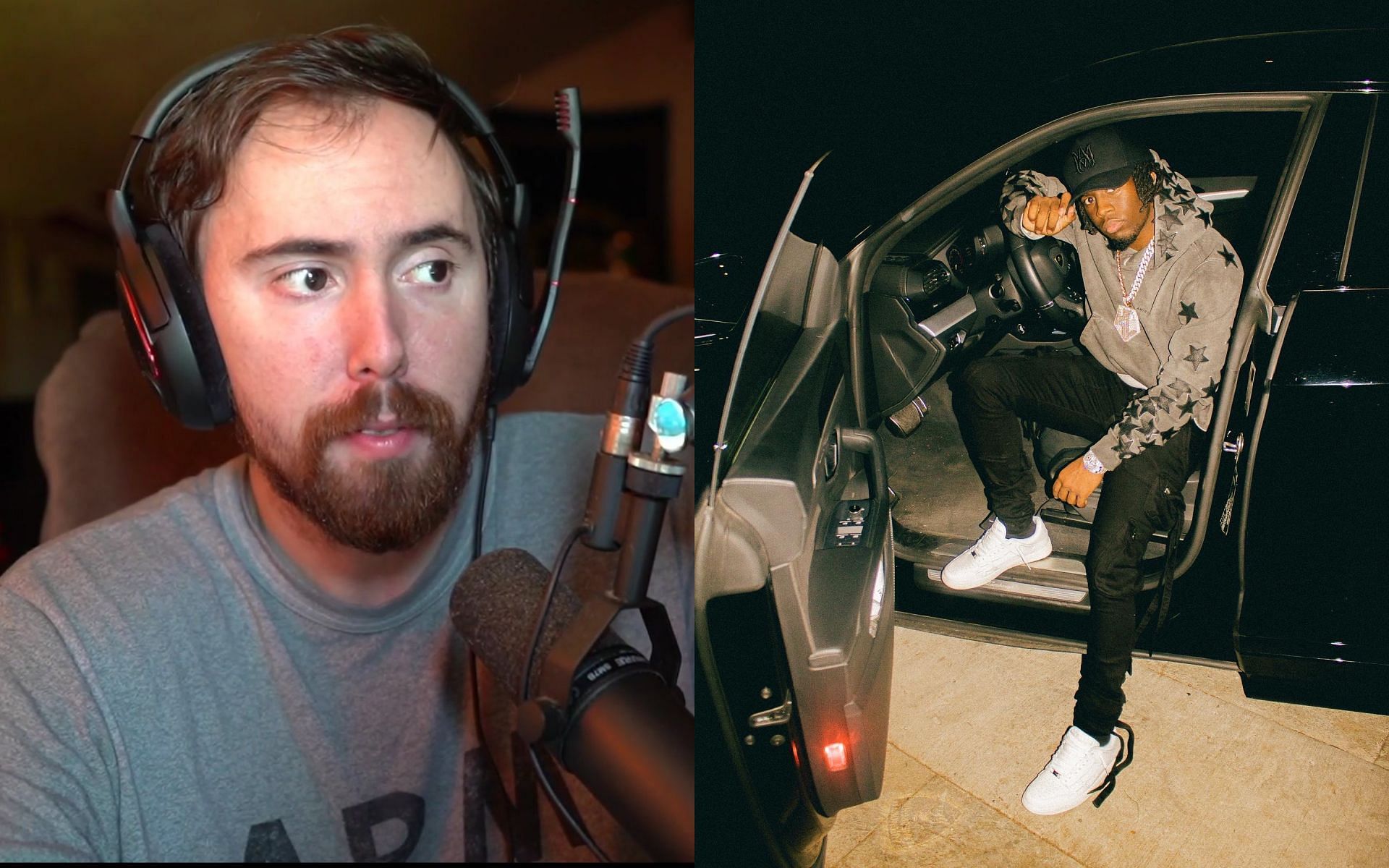 Asmongold shares his sentiments on Twitch not reacting to Kai Cenat hitting 60k subs on his channel (Images via Asmongold and Kai Cenat/Twitter)