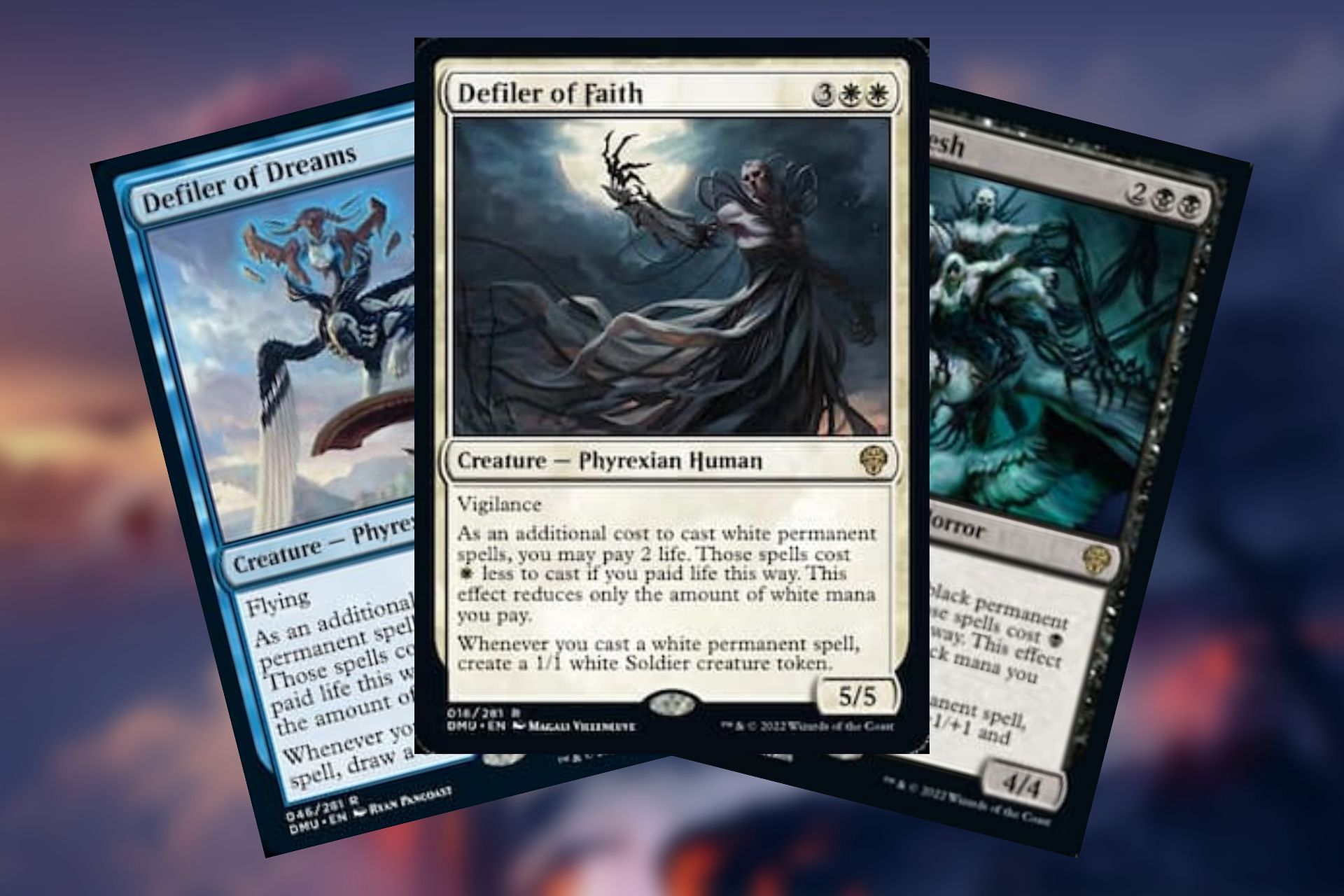 Each of the five colors in Magic: The Gathering received a powerful new Phyrexian Defiler card (Image via Wizards of the Coast)