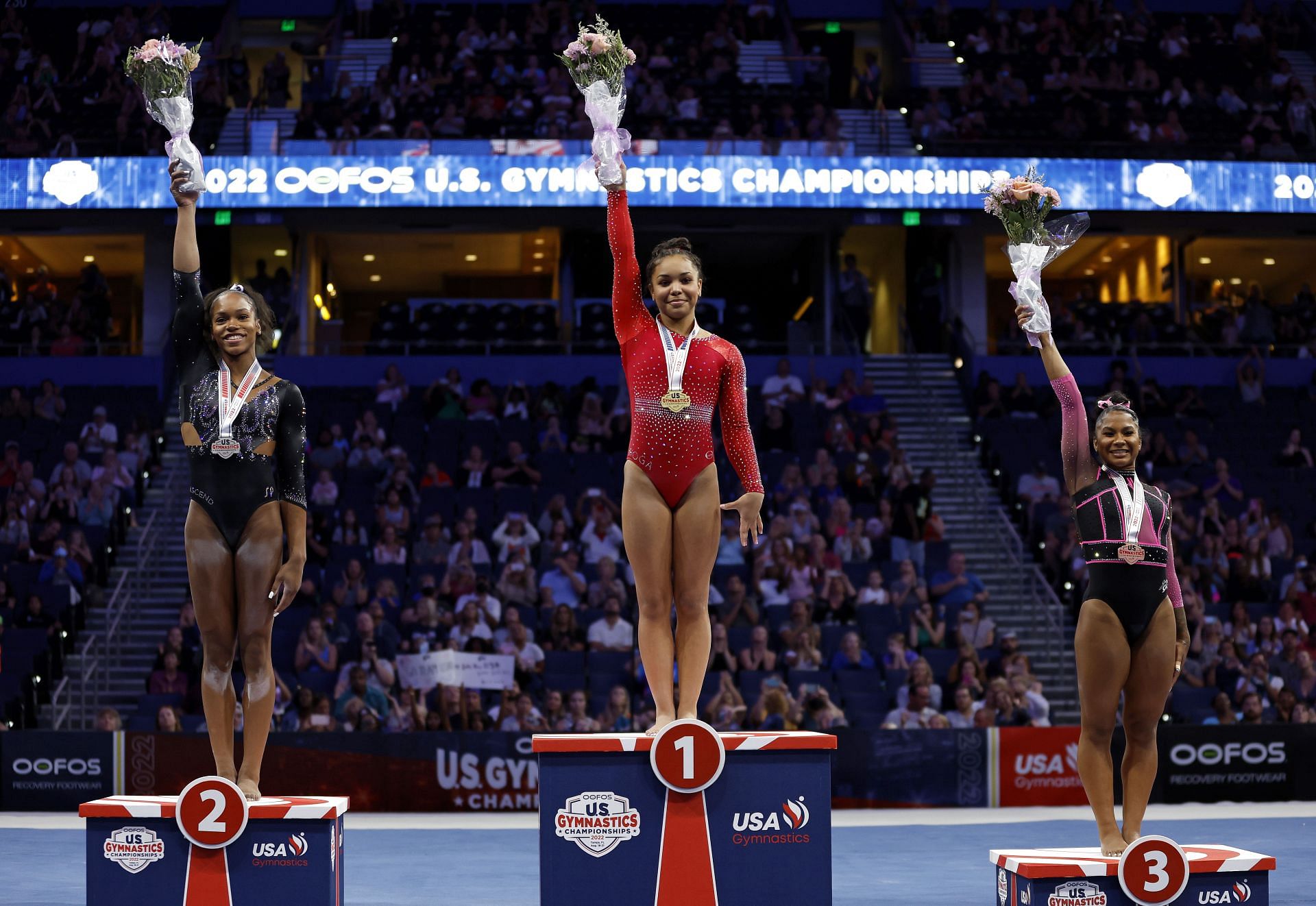 2022 U.S. Gymnastics Championships women all-round winners (L-R): Shilese Jones, Konnor McClain, Jordan Chiles (Image courtesy: Getty)