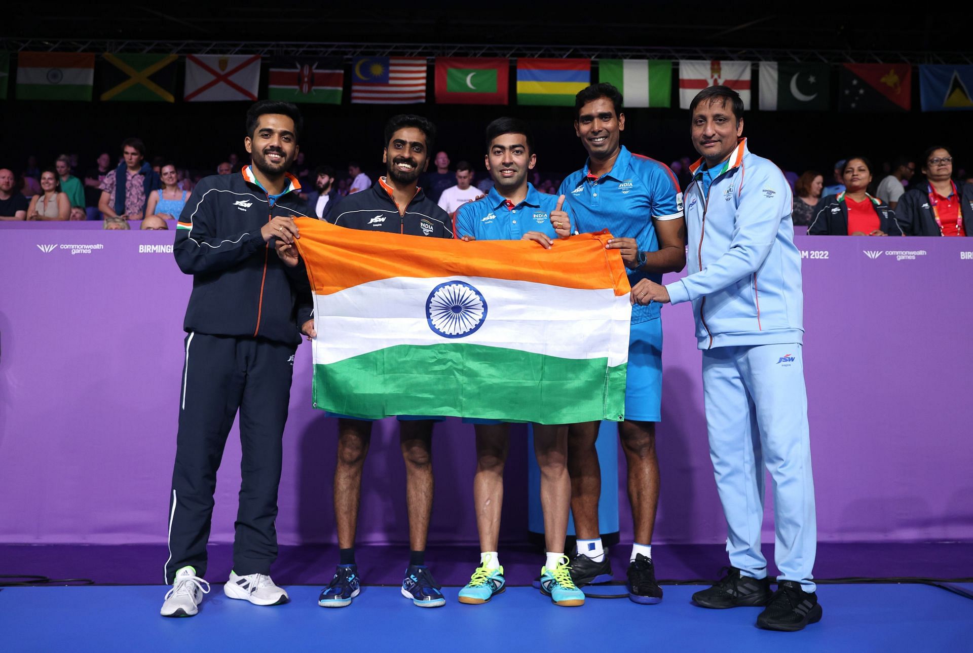 Table Tennis - Commonwealth Games: Day 5 Indian men&#039;s table tennis team with gold