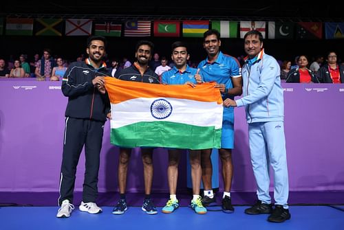 Table Tennis - Commonwealth Games: Day 5 Indian men's table tennis team with gold