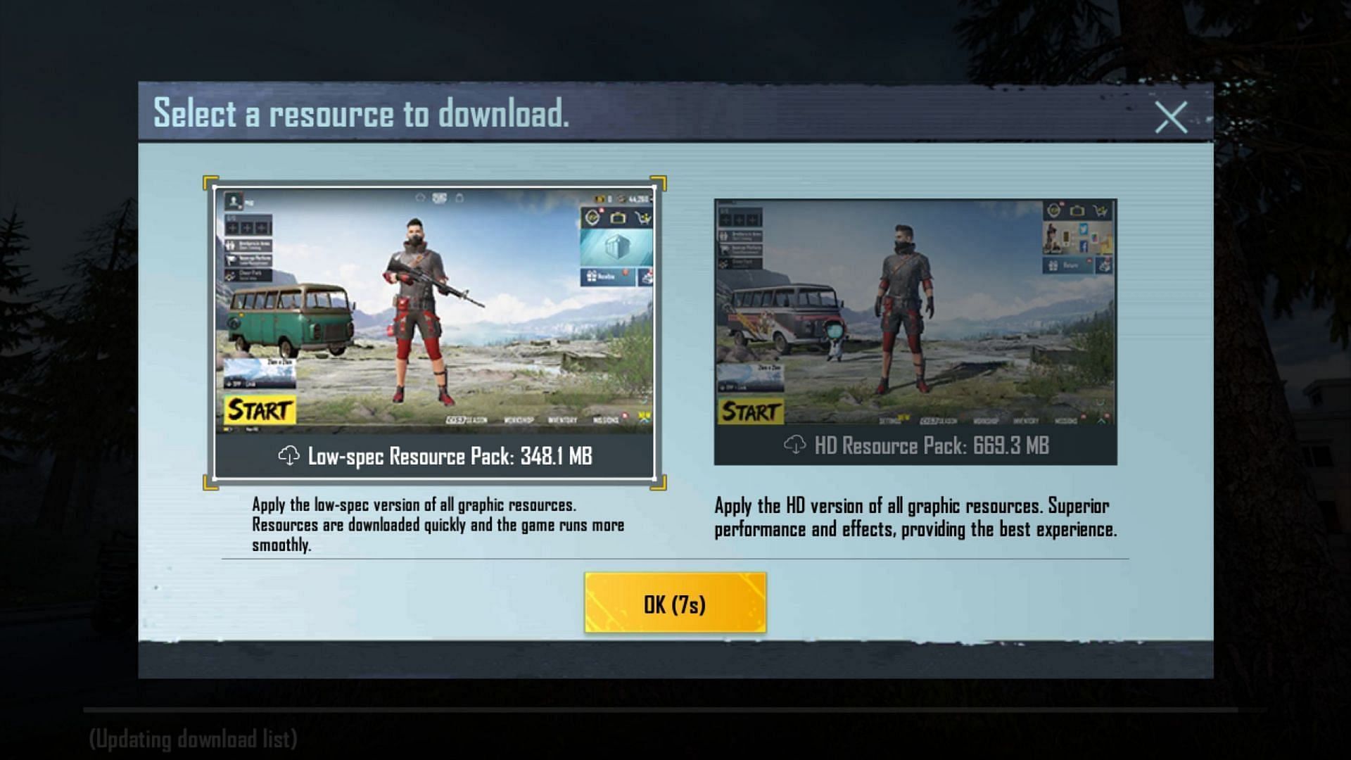 Mobile players must choose the desired resource pack (Image via Krafton)