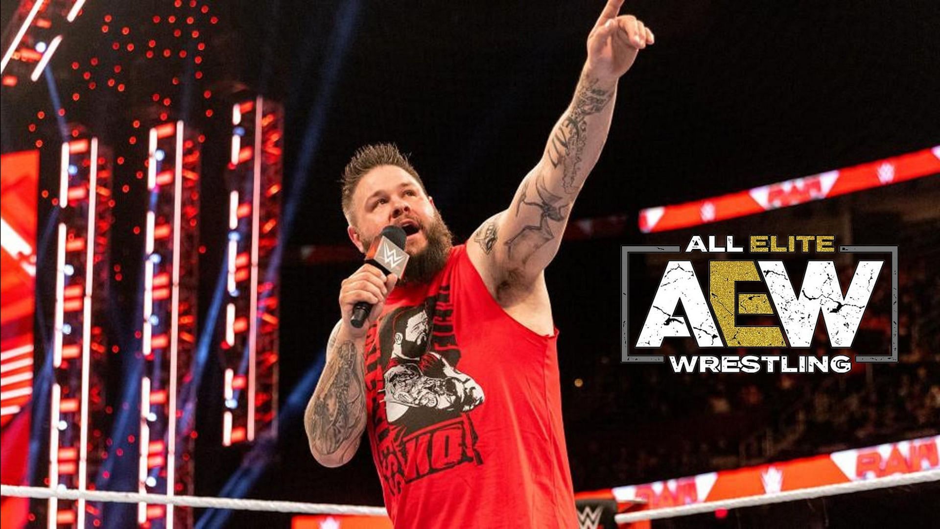 Kevin Owens (L), All Elite Wrestling logo (R)