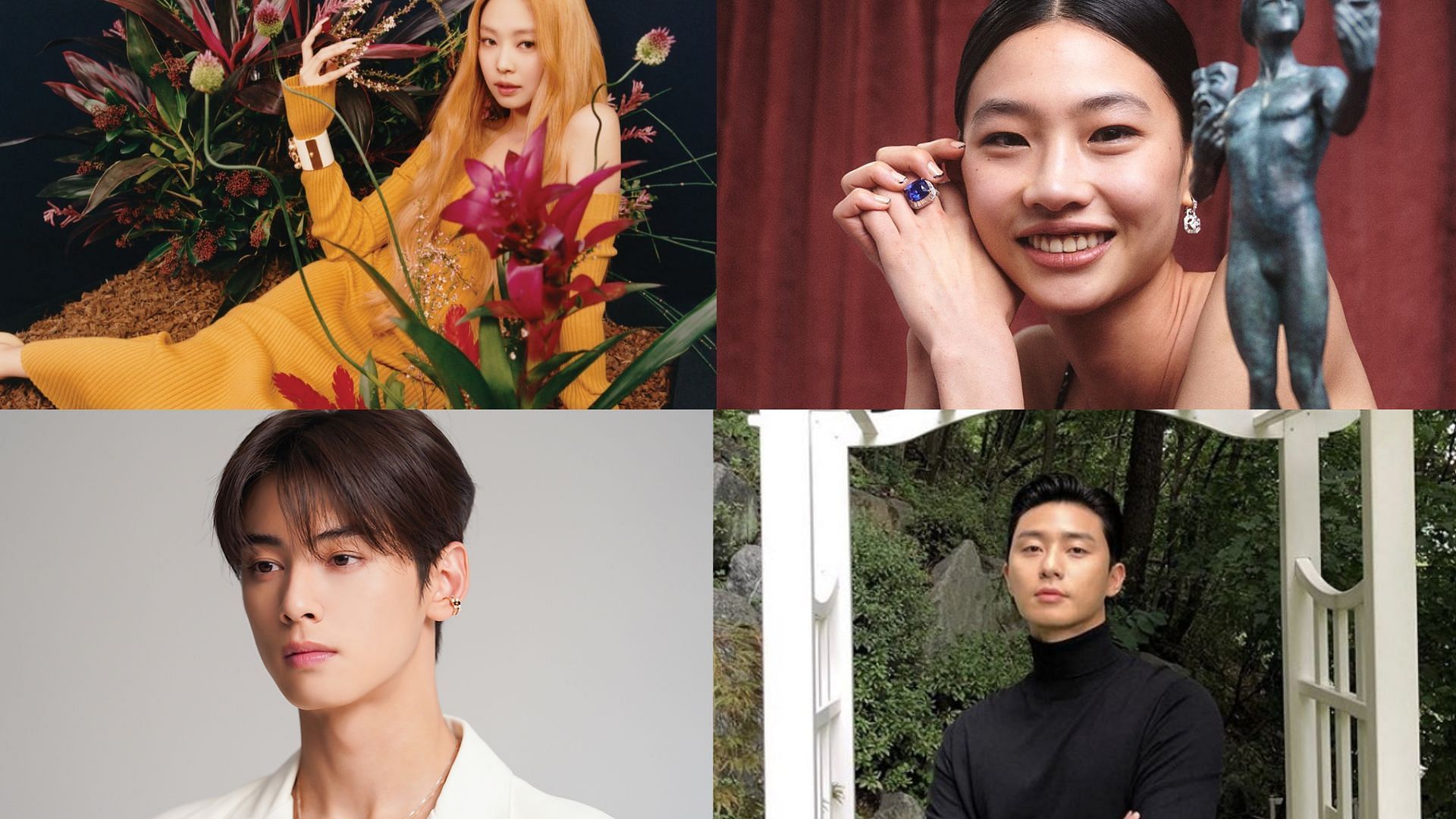 Jennie, Jung Ho-yeon, Cha Eun-woo, and Park Seo-joon (Images via Rolling Stone, SAG awards, W Korea, and Instagram/@bn_sj2013)