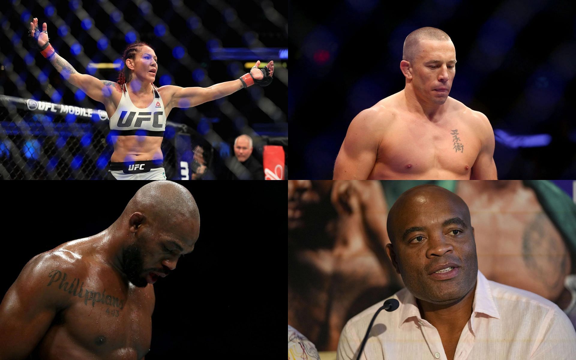 Cris Cyborg (Top Left), Jon Jones (Bottom Left), Anderson Silva (Bottom Right), and Georges St-Pierre (Top Right) (Images courtesy of Getty)