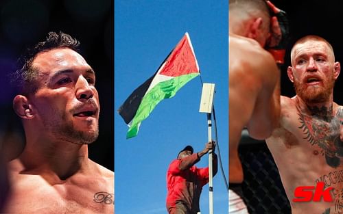 Michael Chandler (left), Palestine flag (center - via @qudsnen on IG), Conor McGregor vs. Nate Diaz (right)