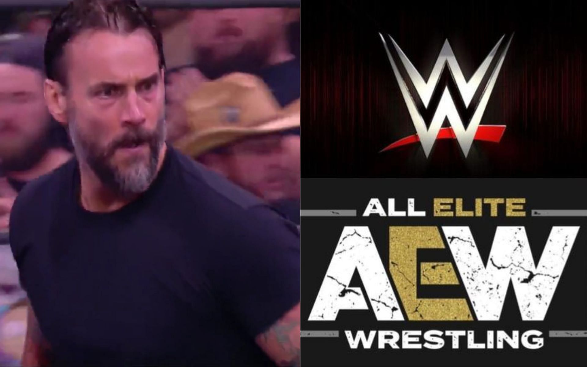 CM Punk (left) and AEW and WWE logos (right).