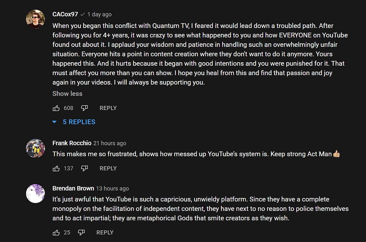 Fans venting against YouTube&#039;s policies (Image via YouTube/The Act Man)