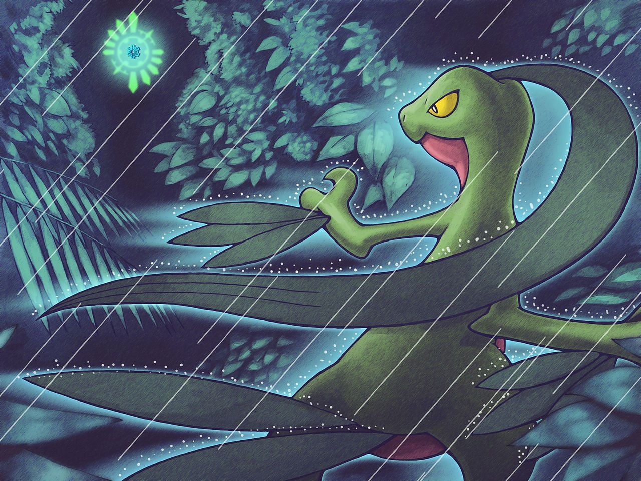 Official artwork for the game featuring one of the franchise&#039;s most memorable characters, Grovyle (Image via Game Freak)