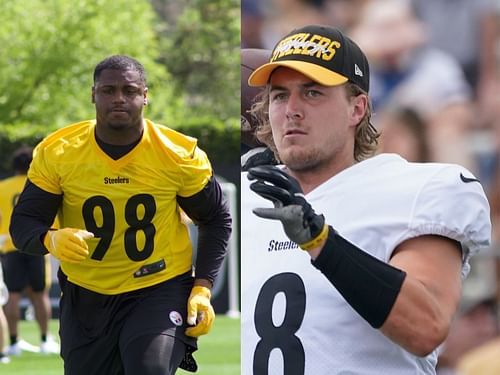 Steelers DL DeMarvin Leal (l) and QB Kenny Pickett (r)