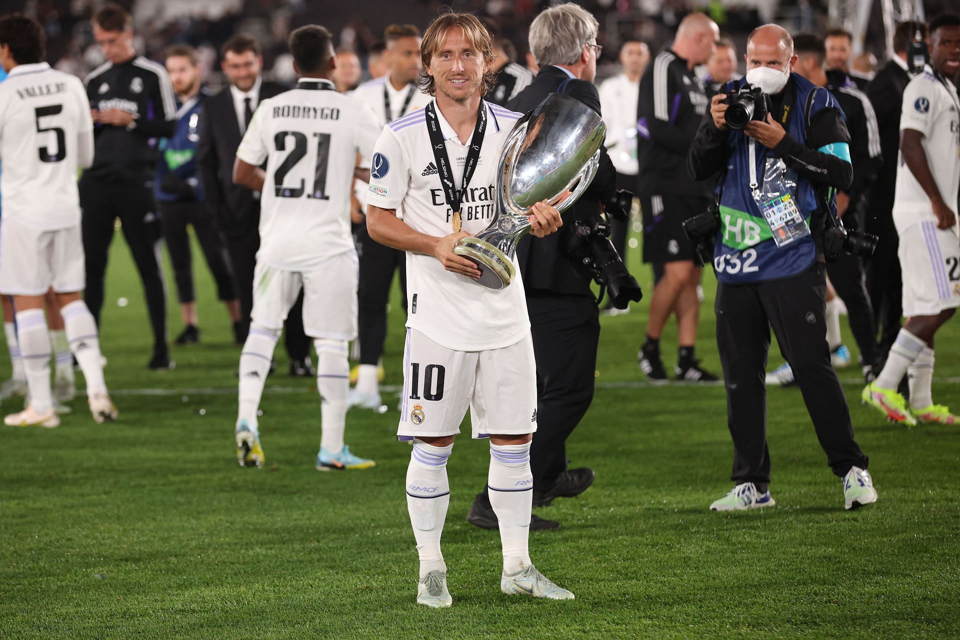 Luka Modric with the Super Cup trophy following Real Madrid&#039;s defeat of Eintracht Frankfurt.