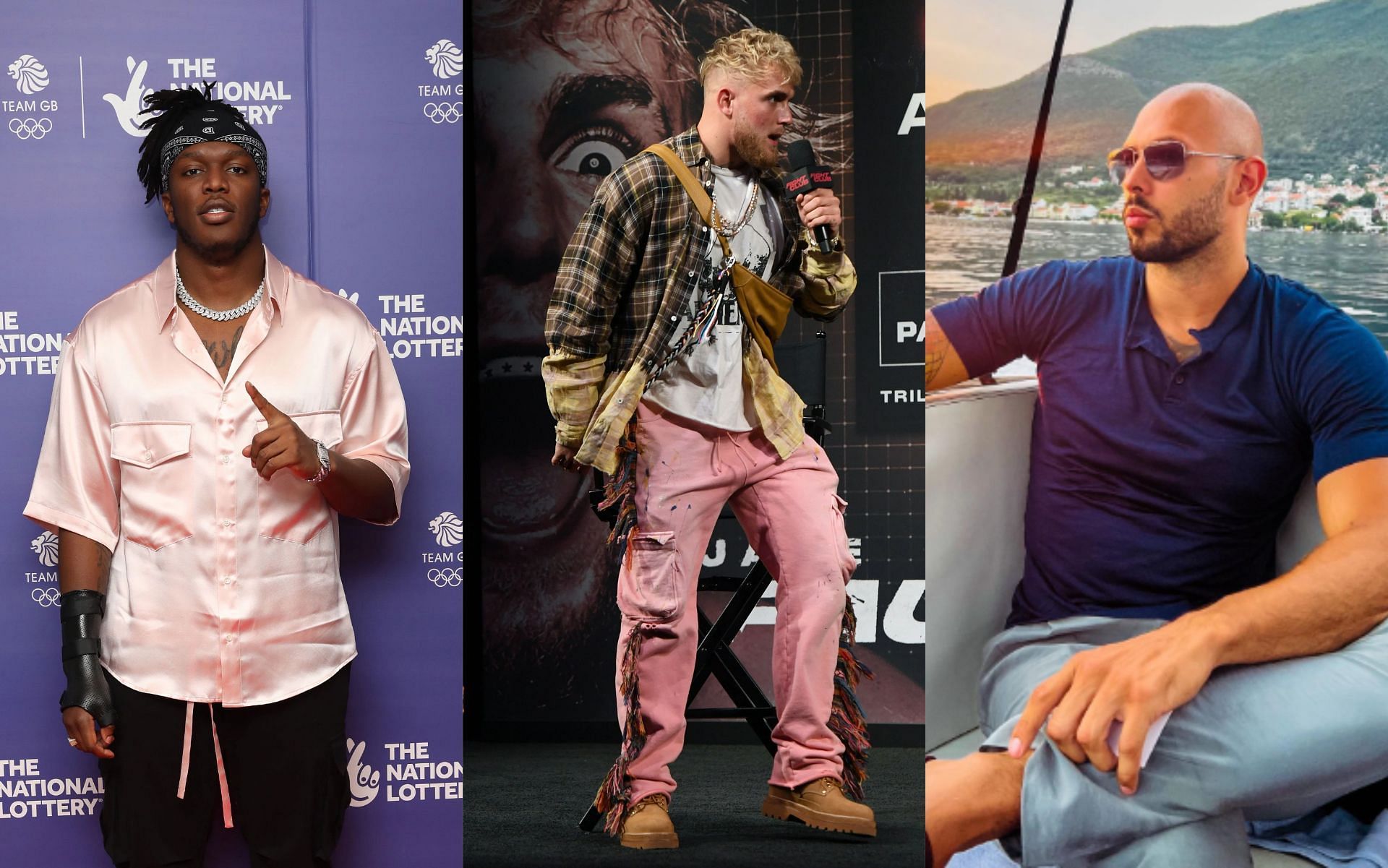 KSI (L), Jake Paul (M), and Andrew Tate (R) [Images via Getty, and @CobraTate on Instagram]