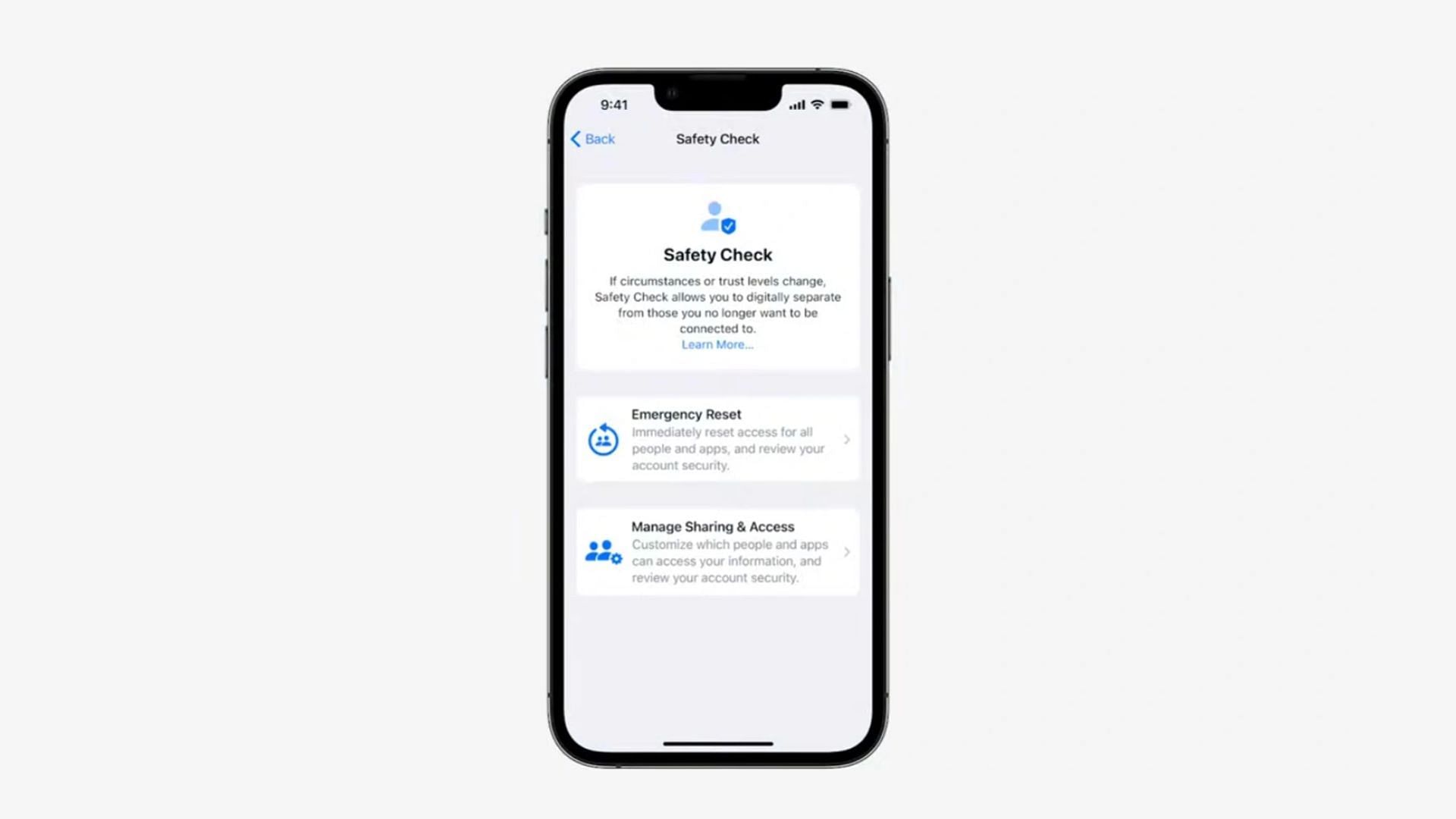 Safety Check in Apple iPhone devices (Image via Apple)