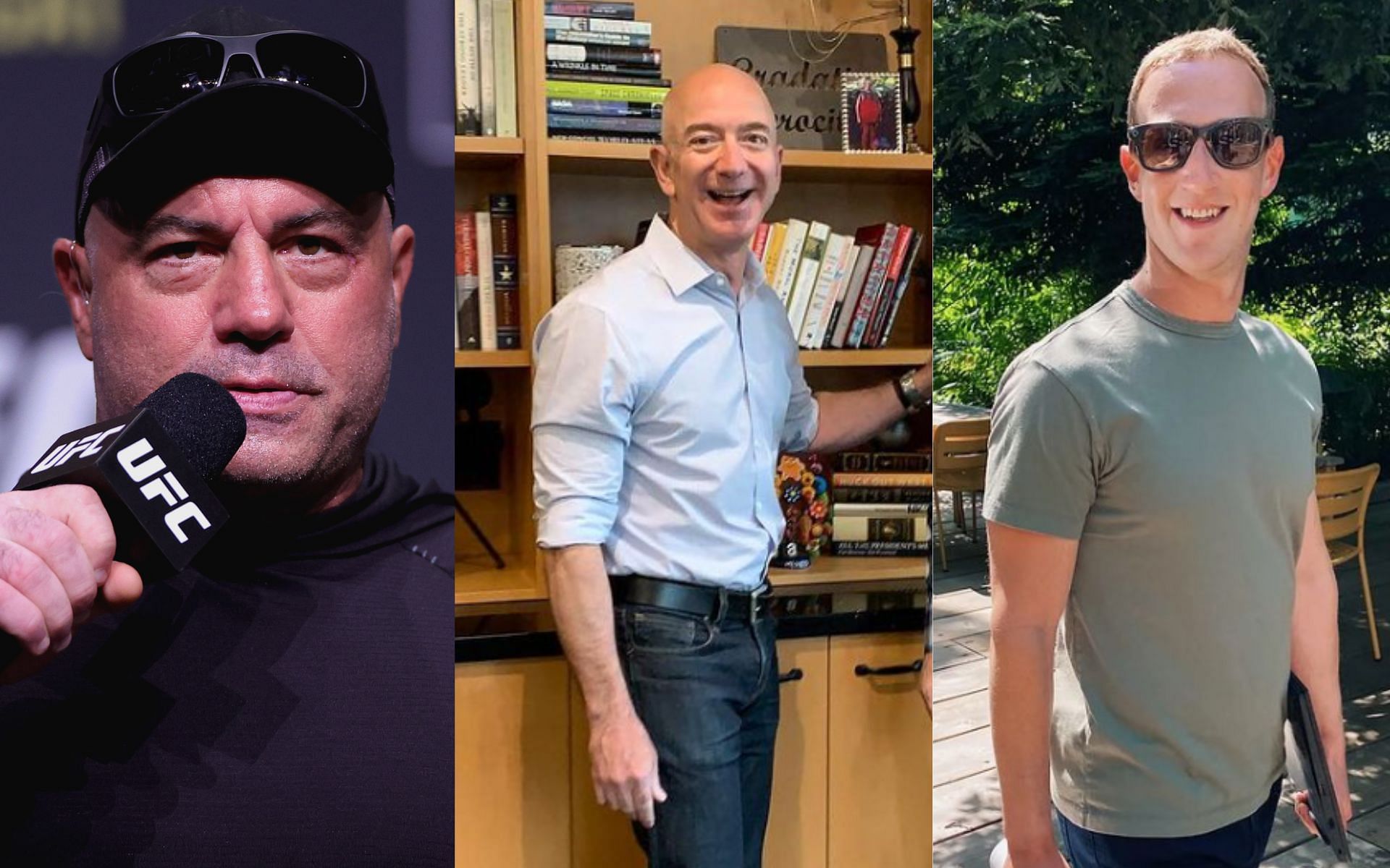 Joe Rogan (left), Jeff Bezos (centre), Mark Zuckerberg (right) [Images courtesy of @jeffbezos &amp; @zuck on Instagram]