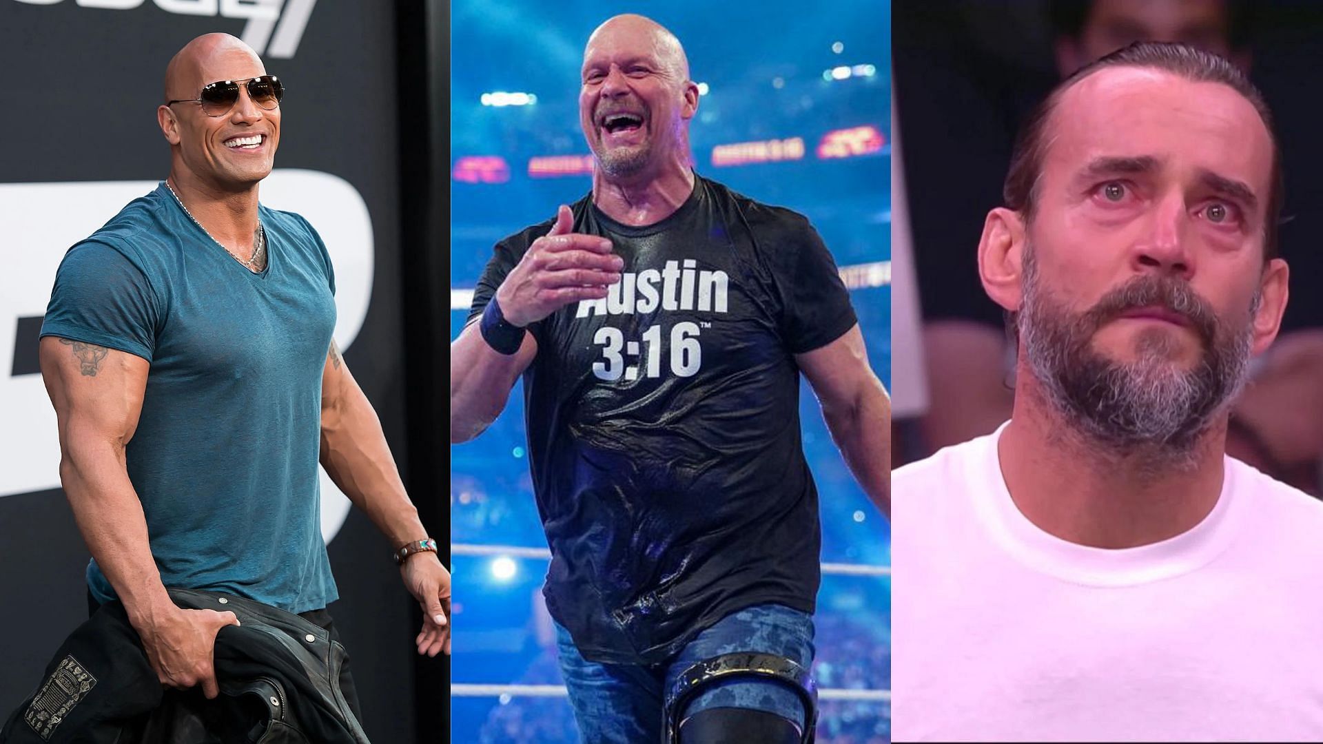 The Rock (left); Stone Cold (center); CM Punk (right)