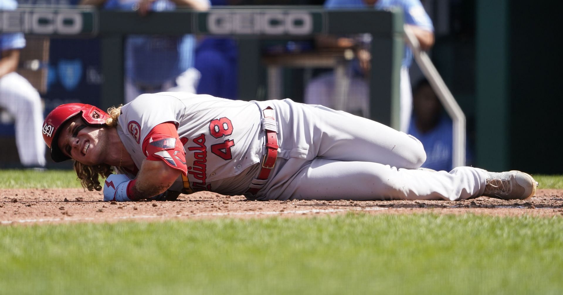 St Louis Cardinals v Kansas City Royals; Bader fouls a ball off of his foot