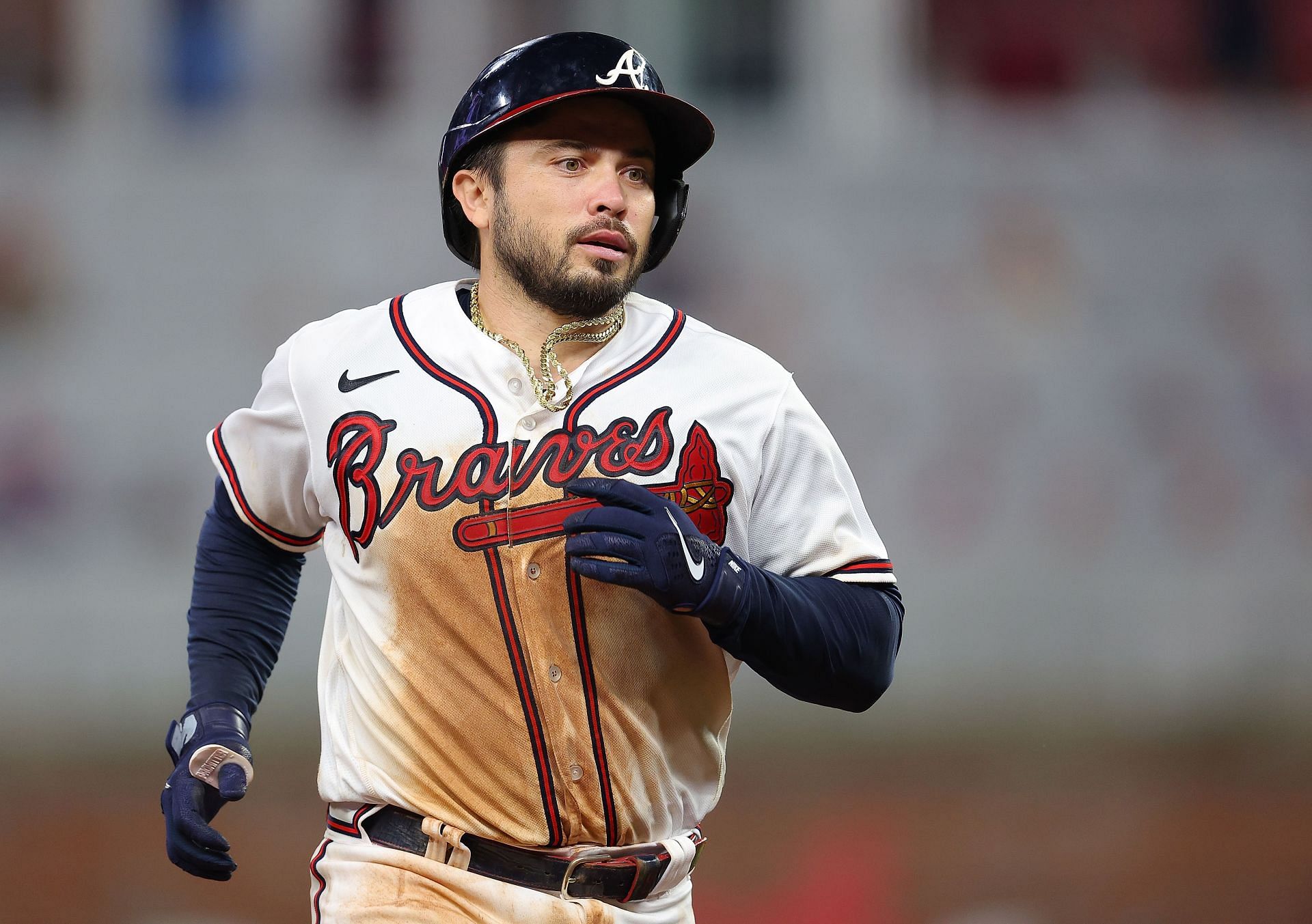 Travis d&#039;Arnaud of the Atlanta Braves rounds third base on his three-run home run.